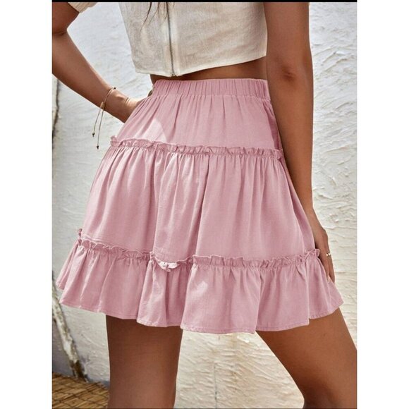 Tiered ruffle mini skirt elastic waist boho tan - Picture 4 of 6